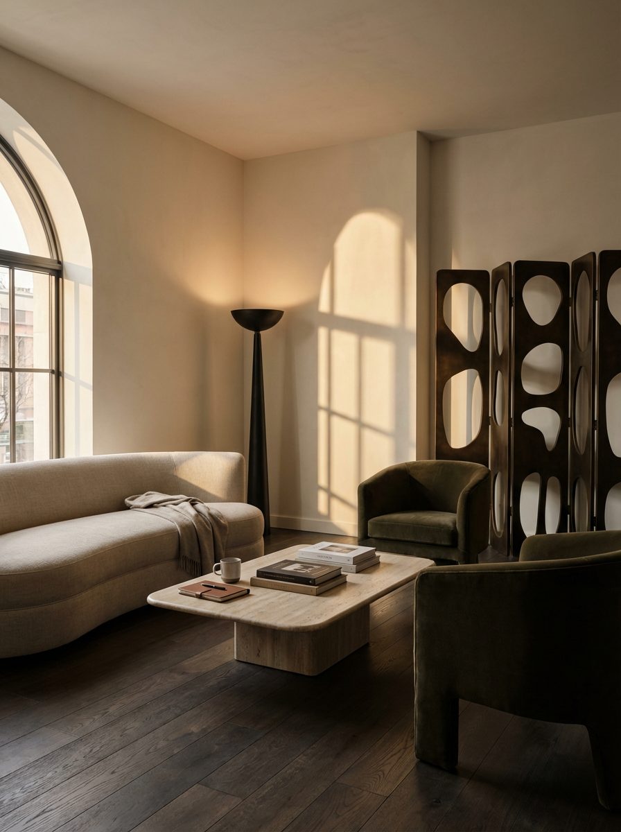 A calm, sunlit room with an arched window — the unhurried setting of remote work