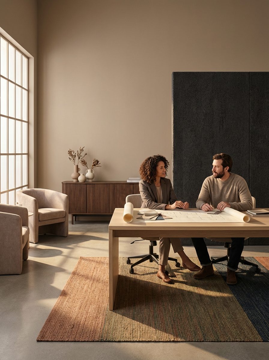 Two colleagues working together at a desk in a warm, modern office